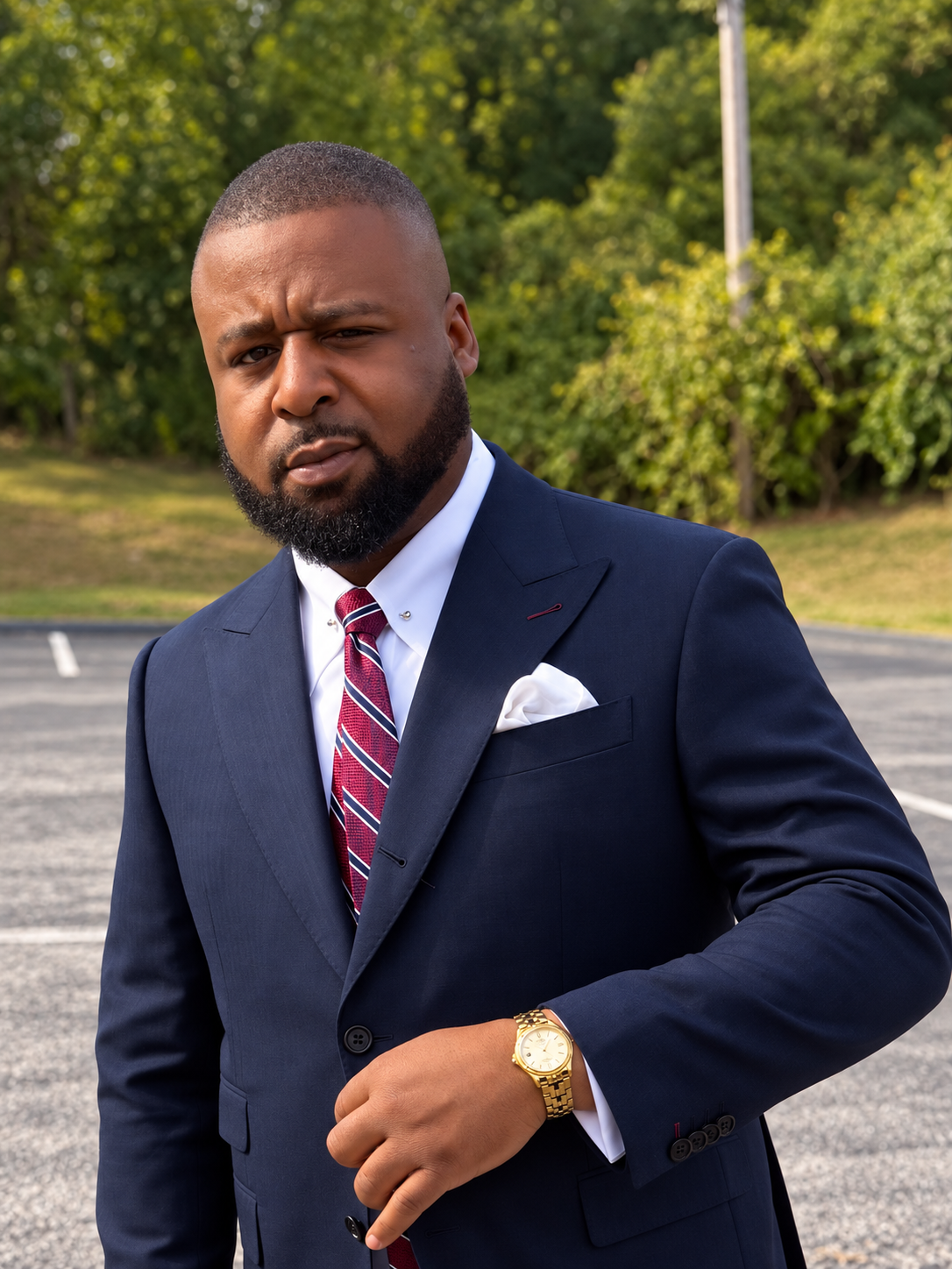 The first navy suit look: a Pearce Bespoke suit with subtle herringbone texture, white shirt, burgundy striped tie, and gold watch