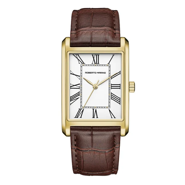 Roberto Marino RM2702 watch with a gold-tone rectangular case, white Roman numeral dial, and brown leather strap